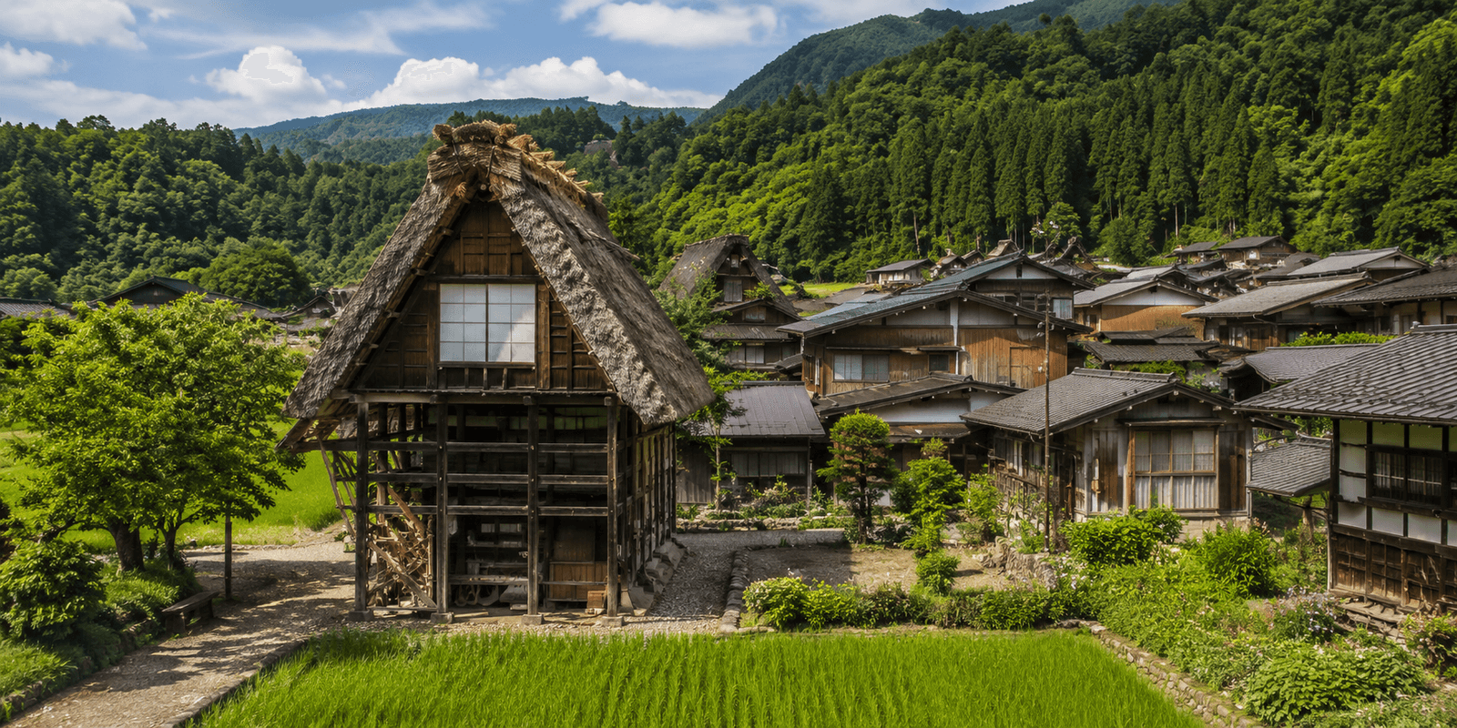 Exterior of Kanda House in Ogimachi, showing its raised, timber-framed gassho-zukuri thatched roof and facade